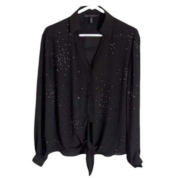 White House Black Market Black Rhinestone Sheer Blouse XS - Picture 8 of 10